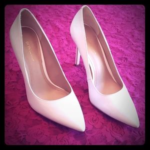 BCBG Patent White Pumps